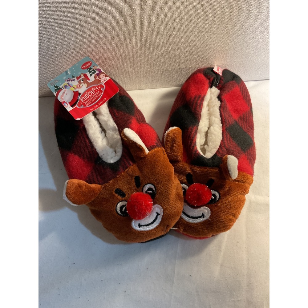 Rudolph Red Nosed Reindeer‎ Snuggle Toes Slippers Kids S/M Buffalo Plaid